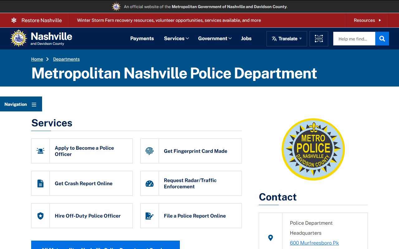 Nashville Residents Directory support from the Nashville Police Department records source