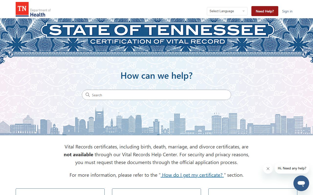 Tennessee Residents Directory support through the Tennessee vital records portal